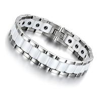 Cupimatch Herren Magnet Edelstahl Keramik Armband, 13mm breite Rechteck Link Handgelenk Magnetarmband Armreif, weiss silber