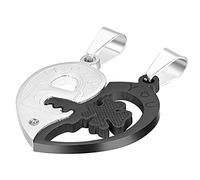 Cupimatch Herz Anhänger Paar Halsketten: Edelstahl Pärchen BFF Ketten Set für sie und Ihn Schlüssel/Schloss mit I LOVE YOU Gravur Freundschaftskette Valentinstag Geschenk für Partner, Schwarz Silber