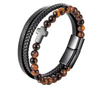 Cupimatch Kreuz Herren Leder Armband: Mehrschichtiges Geflochtenes Lederarmband aus Edelstahl mit Kreuzmanschette Perlen Schmuck Geschenke für Valentinstag Weihnachten Geburtstag Jahrestag