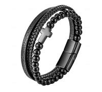 Cupimatch Kreuz Herren Leder Armband: Mehrschichtiges Geflochtenes Lederarmband aus Edelstahl mit Kreuzmanschette Perlen Schmuck Geschenk für Valentinstag Weihnachten Geburtstag Jahrestag