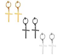 Cupimatch Kreuz Ohrringe 3 Paare: Religiöse Edelstahl Ohrstecker Set mit Kreuzanhänger Boho Kleine Creolen Lang Baumeln Vintage Ohrhänger Ehrrings Gothic Schmuck für Männer Frauen, Silber/Gold/Schwarz