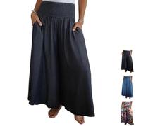 CupitiDU Breiter Rock mit elastischem Bund, bequemer Stretch-Boho-Stil, fließend, A-Linie, langer Maxirock mit Taschen, schwarz / grau, S