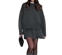 CupitiDU Herbst-Strickkleid-Set, einfarbig, lässiger College-Stil, 2024, langärmelig, bauchfrei, Mini-Röcke, Anzüge, 2-teiliges Pullover-Set, lässiger lockerer Strickpullover, Minirock, Lounge-Set,