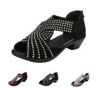 CupitiDU Orthopädische Sandalen mit niedrigem Absatz, für Damen, Sommer, glitzernde Strasssteine, offene Zehen, bequeme Wanderkeile, Schwarz , 46 EU