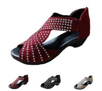 CupitiDU Orthopädische Sandalen mit niedrigem Absatz, für Damen, Sommer, glitzernde Strasssteine, offene Zehen, bequeme Wanderkeile, rot, 39 1/3 EU