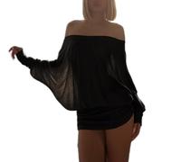 CupitiDU Schulterfreies gerafftes Strick-Minikleid, lässig elegantes lockeres durchscheinendes Fledermausärmel-Langarm-Bodycon-Minikleid (Schwarz, M)