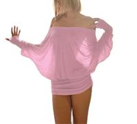 CupitiDU Schulterfreies Minikleid mit Rüschen, lässig, elegant, lockere Passform, durchscheinend, Fledermausärmel, figurbetontes Minikleid (Rosa, XL)