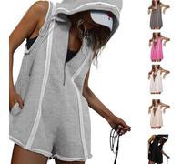 CupitiDU Sportlicher einteiliger Jumpsuit mit halbem Reißverschluss und Kordelzug, mit Kapuze, freiliegende Nähte, lässiger ärmelloser Jumpsuit für den Sommer, grau, L