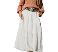 CUPSHE Baumwolle Lochstickerei Midi Rock, Lässiger Rüschen High Waist Damen Maxirock, Weiß, XL