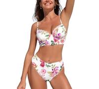 CUPSHE Bikini-Set für Damen, Badeanzug, hohe Taille, verstellbare Schultergurte, abnehmbare weiche Körbchen, zweiteiliger Badeanzug, Weiß, weiße blumen, S