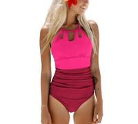 CUPSHE Damen Badeanzug High Neck Bauchweg Raffungen Strandmode Farbblock Zierausschnitt Einteilige Bademode Swimsuit Rot/Neon-Pink S
