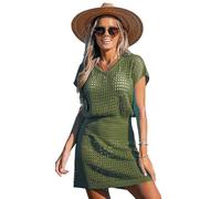 CUPSHE Damen Bademode Cover Up Crochet Minikleid V-Ausschnitt Beachwear Kurzarm Sommer 2024, Grün (Army Green), X-Klein