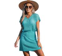 CUPSHE Damen Bademode Cover Up Crochet Minikleid V-Ausschnitt Beachwear Kurzarm Sommer 2024, Türkis/Ausflug, einfarbig (Getaway Solids), X-Klein