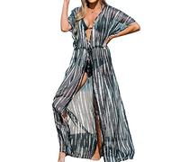 CUPSHE Damen Bikini Cover Up Kimono Kurzarm Vorne Offen Taillenschnürung Maxi Strandkleid Sommer Beachwear Cardigan Dress Schwarz M