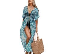 CUPSHE Damen Bikini Cover Up Kimono Kurzarm Vorne Offen Taillenschnürung Maxi Strandkleid Sommer Beachwear Cardigan Dress Türkis Leopard L