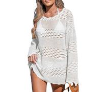CUPSHE Damen Bikini Cover Up Strandkleid Kurz Rundhals Langarm Wellenkante Lochmuster Häkelt Strandponcho Sommer Beachwear Crochet Mini Dress Weiß/Opulenter Garten XXL