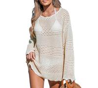 CUPSHE Damen Bikini Cover Up Strandkleid Kurz Rundhals Langarm Wellenkante Lochmuster Häkelt Strandponcho Sommer Beachwear Crochet Mini Dress Cremeweiß XXL