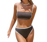CUPSHE Damen Bikini Set Bandeau High Waist Kontrastpaspeln High Cut Texturierter Zweiteiliger Badeanzug Bademode für Sommer und Strand Dunkelbraun/Weiß M