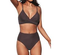 CUPSHE Damen Bikini Set Crossover High Waist Bikini Bademode Wickel V Ausschnitt Raffungen Zweiteiliger Badeanzug Swimsuit Braun XL