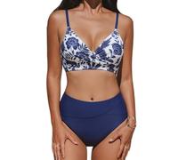 CUPSHE Damen Bikini Set Crossover V Ausschnitt High Waist Tank Bikini Bademode Elegant Zweiteiliger Badeanzug Swimsuit Blau/Weiß XS