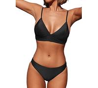 CUPSHE Damen Bikini Set Triangel Bikini Bademode Low Rise Brazilian Gerippter Zweiteiliger Badeanzug Swimsuit Schwarz M