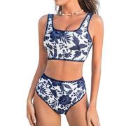 CUPSHE Damen Bikini Set U Ausschnitt High Waist Tank Bikini Breite Träger Häkelpaspel Cheeky Bademode Zweiteiliger Badeanzug Swimsuit Weiß/Marineblau Floral S