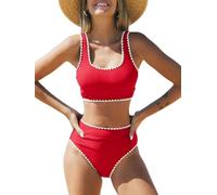 CUPSHE Damen Bikini Set U Ausschnitt High Waist Tank Bikini Breite Träger Häkelpaspel Cheeky Bademode Zweiteiliger Badeanzug Swimsuit Rot/Weiß M