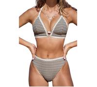 CUPSHE Damen Bikini Set Zweiteilige Bademode Hohe Taille V Ausschnitt Hoher Beinausschnitt Cheeky Bottom Farbblock Badeanzug Brown/Beige Gingham XS