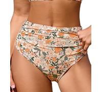 CUPSHE Damen Bikinihose High Waist Bauchweg Raffung Cheeky Badehose Bikini Slip Apricot/Blumen S