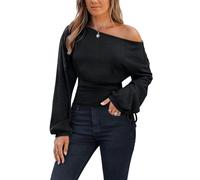 CUPSHE Damen Bluse Oberteil One-Shoulder Ausschnitt Langärmeliges Shirt für Damen Schwarz L