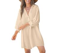 CUPSHE Damen Blusenkleid V Ausschnitt Knopfleiste 3/4 Arm Lockeres Sommerkleid Freizeitkleider Bikini Cover Up Hemdblusen Shirt Mini Dress Beige XS