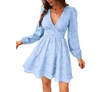 CUPSHE Damen Cocktailkleid Langarm Spitze V-Ausschnitt Partykleid | Minikleid aus floraler Spitze mit halbtransparenten Puffärmeln, Zierknöpfen und Rückenreißverschluss für Hochzeitsgäste