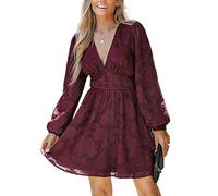 CUPSHE Damen Cocktailkleid Langarm Spitze V-Ausschnitt Partykleid | Minikleid aus floraler Spitze mit halbtransparenten Puffärmeln, Zierknöpfen und Rückenreißverschluss für Hochzeitsgäste