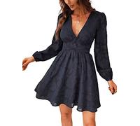 CUPSHE Damen Cocktailkleid Langarm Spitze V-Ausschnitt Partykleid | Minikleid aus floraler Spitze mit halbtransparenten Puffärmeln, Zierknöpfen und Rückenreißverschluss für Hochzeitsgäste