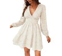 CUPSHE Damen Cocktailkleid Langarm Spitze V-Ausschnitt Partykleid | Minikleid aus floraler Spitze mit halbtransparenten Puffärmeln, Zierknöpfen und Rückenreißverschluss für Hochzeitsgäste