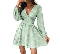 CUPSHE Damen Cocktailkleid Langarm Spitze V-Ausschnitt Partykleid | Minikleid aus floraler Spitze mit halbtransparenten Puffärmeln, Zierknöpfen und Rückenreißverschluss für Hochzeitsgäste
