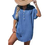 CUPSHE Damen Hemd, Coverups, Kragen, geknöpft, V-Ausschnitt, Sommer, Strand, Minikleid, Tunika, Lange Bluse, Azurblau, S
