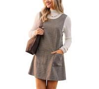 CUPSHE Damen Herbst Latzkleid Karierte Rundhals Ärmellos Kleid Hahnentritt Pinafore Freizeitkleider Elegant Mini Overall Dress