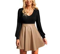 CUPSHE Damen Herbst Winter Kleid Langarm V-Ausschnitt Freizeitkleider A-Linie PU-Lederrock Elegant Party Mini Dress