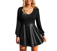 CUPSHE Damen Herbst Winter Kleid Langarm V-Ausschnitt Freizeitkleider A-Linie PU-Lederrock Elegant Party Mini Dress
