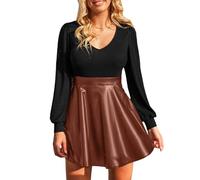 CUPSHE Damen Herbst Winter Kleid Langarm V-Ausschnitt Freizeitkleider A-Linie PU-Lederrock Elegant Party Mini Dress