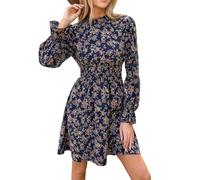CUPSHE Damen Herbstkleid Blumenmuster Stehkragen Langarm Gesmokte Taille | Minikleid Volantmanschetten Rückenverschluss Elegant A Linie Tunika Kleid Freizeitkleid Partykleid Fließender Rock