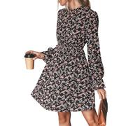CUPSHE Damen Herbstkleid Blumenmuster Stehkragen Langarm Gesmokte Taille | Minikleid Volantmanschetten Rückenverschluss Elegant A Linie Tunika Kleid Freizeitkleid Partykleid Fließender Rock