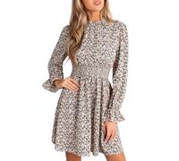 CUPSHE Damen Herbstkleid Blumenmuster Stehkragen Langarm Gesmokte Taille | Minikleid Volantmanschetten Rückenverschluss Elegant A Linie Tunika Kleid Freizeitkleid Partykleid Fließender Rock