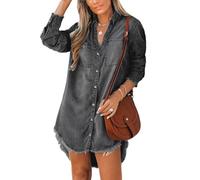 CUPSHE Damen Jeanshemd Mini Tunika Kleid Casual Oversized Herbst Langarm Ausgefranster Saum Tops Bluse mit Taschen, Schwarz, 36