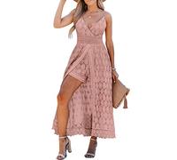 CUPSHE Damen-Jumpsuit mit Rüschen, gesmokt, Sommer, Slip, V-Ausschnitt, rückenfrei, Maxi, hoch, niedrig, Pink, Mittel