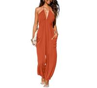 CUPSHE Damen Jumpsuit Neckholder Tiefer V Ausschnitt Rückenfrei Ärmellos Lang Weites Bein Overall Hosenanzug Playsuit