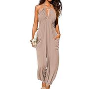 CUPSHE Damen Jumpsuit Neckholder Tiefer V Ausschnitt Rückenfrei Ärmellos Lang Weites Bein Overall Hosenanzug Playsuit Sand S