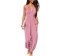 CUPSHE Damen Jumpsuit Neckholder Tiefer V Ausschnitt Rückenfrei Ärmellos Lang Weites Bein Overall Hosenanzug Playsuit Rosa M