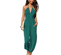 CUPSHE Damen Jumpsuit Neckholder Tiefer V Ausschnitt Rückenfrei Ärmellos Lang Weites Bein Overall Hosenanzug Playsuit Pfau M